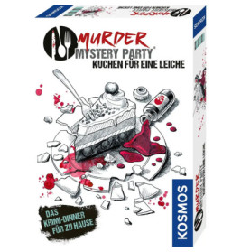 Box der Murder Mystery Party: Kuchen für eine Leiche mit Kuchen, verschüttetem Fläschchen und Blutflecken illustriert.