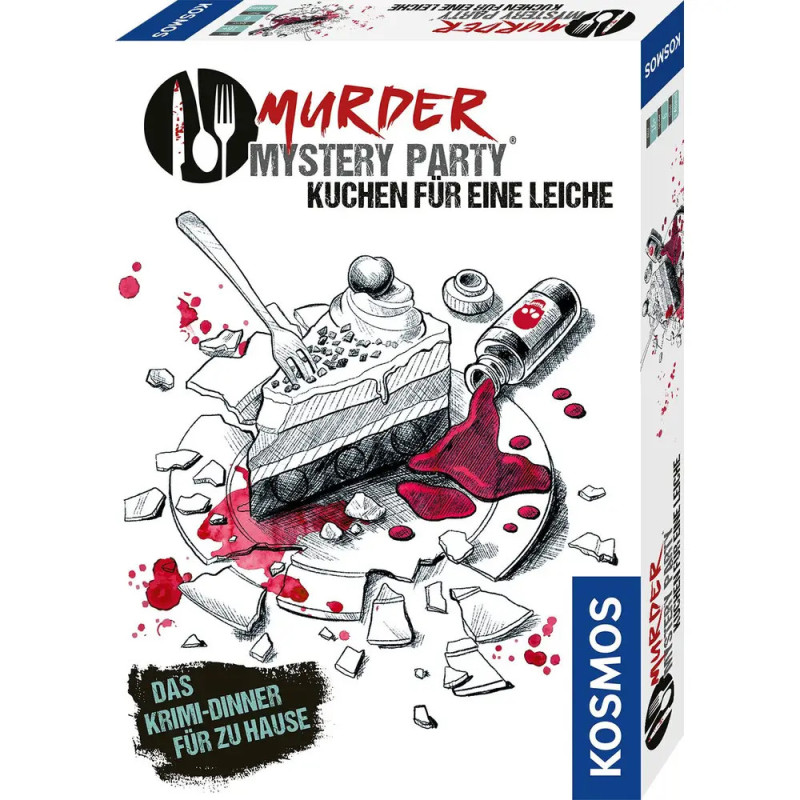 Box der Murder Mystery Party: Kuchen für eine Leiche mit Kuchen, verschüttetem Fläschchen und Blutflecken illustriert. Box der Murder Mystery Party: Kuchen für eine Leiche mit Kuchen, verschüttetem Fläschchen und Blutflecken illustriert.