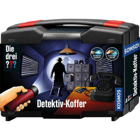 Detektiv-Spielkoffer mit Schattenfigur, Taschenlampe und altem Telefon auf dem Cover.