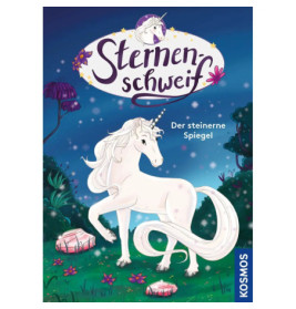 Ein weißes Einhorn steht in einem magischen Wald mit rosa Felsen unter sternenklarem Nachthimmel.