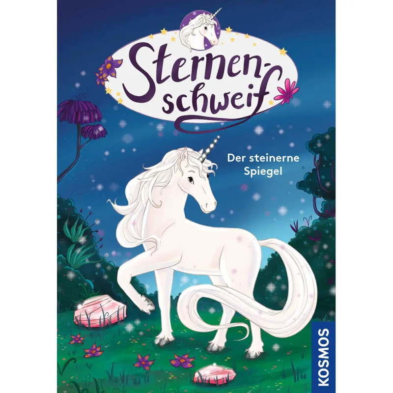 Ein weißes Einhorn steht in einem magischen Wald mit rosa Felsen unter sternenklarem Nachthimmel. Ein weißes Einhorn steht in einem magischen Wald mit rosa Felsen unter sternenklarem Nachthimmel.