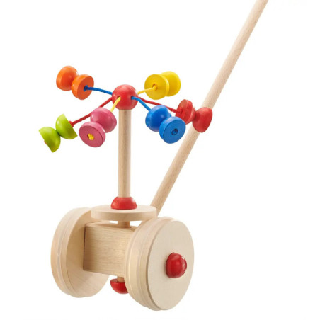 Holzschiebespielzeug mit bunten drehbaren Perlen am Stab, geeignet für Kleinkinder.