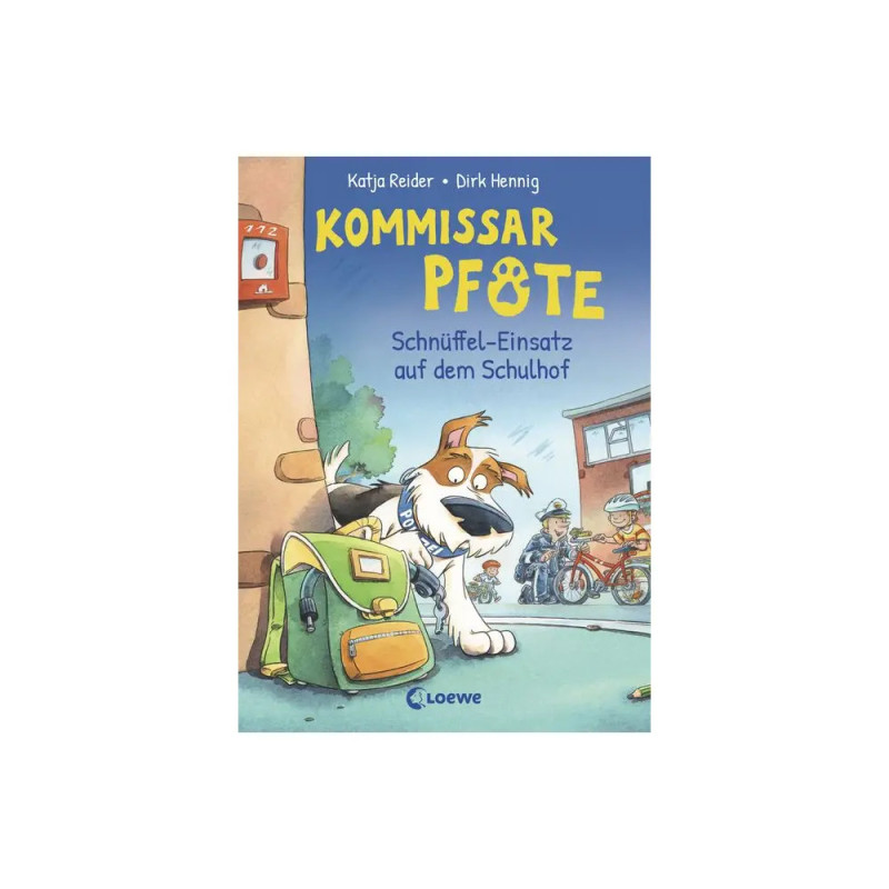 Buchcover von Kommissar Pfote: Ein Hund mit Rucksack steht auf einem Schulhof, im Hintergrund Kinder und Fahrräder.