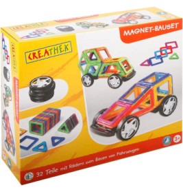 CREATHEK Magnet-Baukasten für Fahrzeuge, abgebildet mit bunten Automodellen und losen Teilen auf der Verpackung.
