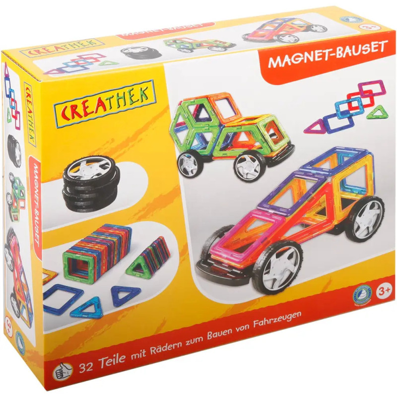 CREATHEK Magnet-Baukasten für Fahrzeuge, abgebildet mit bunten Automodellen und losen Teilen auf der Verpackung.