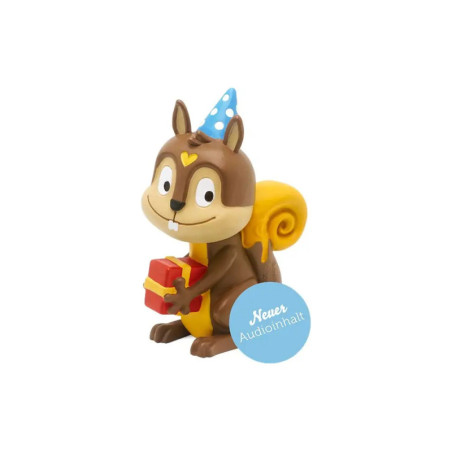 Cartoon-Eichhörnchen mit Partyhut und Geschenken, blauer Kreis mit Text: Neuer Audioinhalt. Cartoon-Eichhörnchen mit Partyhut und Geschenken, blauer Kreis mit Text: Neuer Audioinhalt.
