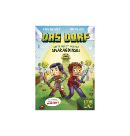 Buchcover: Zwei Kinder mit Werkzeugen in Minecraft-ähnlicher Welt, Titel Das Dorf auf Deutsch darüber.