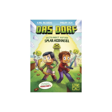Buchcover: Zwei Kinder mit Werkzeugen in Minecraft-ähnlicher Welt, Titel Das Dorf auf Deutsch darüber.