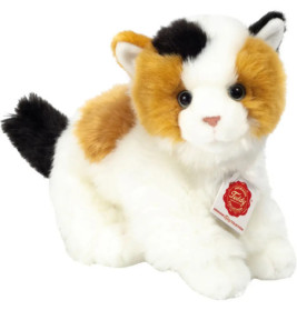 Plüsch-Katzenfigur mit weiß-orange-schwarzem Fell und Teddy Hermann-Etikett am Hals.