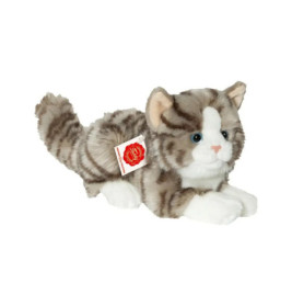 Plüschkatze mit grau-weißem Fell, blauen Augen und rotem Etikett an der Seite.