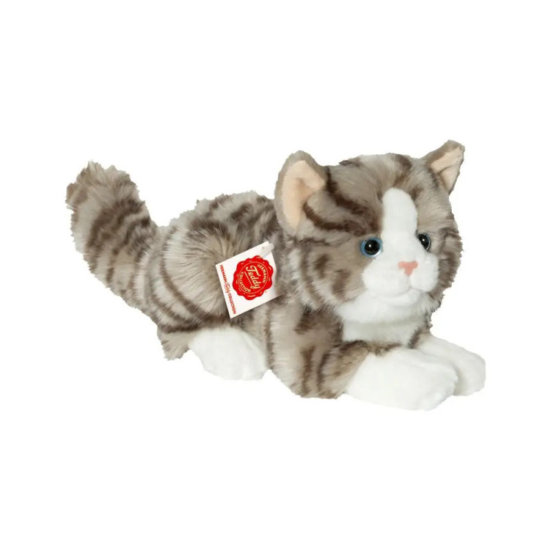 Plüschkatze mit grau-weißem Fell, blauen Augen und rotem Etikett an der Seite. Plüschkatze mit grau-weißem Fell, blauen Augen und rotem Etikett an der Seite.