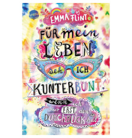 Deutsches, buntes Buchcover mit großer Brille und dekorativem Text vor einem Batik-Hintergrund.