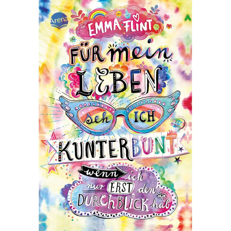 Deutsches, buntes Buchcover mit großer Brille und dekorativem Text vor einem Batik-Hintergrund.