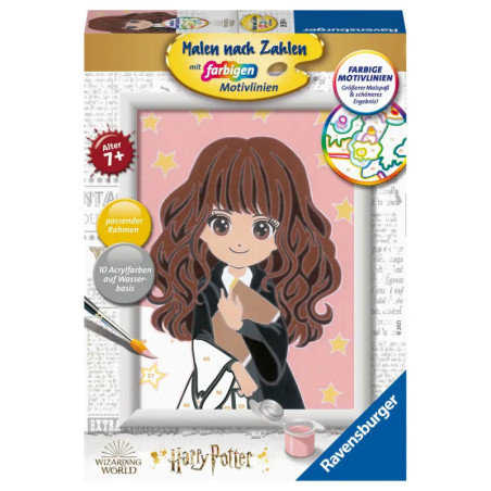 Ravensburger Harry Potter Malen-nach-Zahlen-Set mit Cartoon-Mädchen, langen braunen Haaren und Zauberstab auf der Box. Ravensburger Harry Potter Malen-nach-Zahlen-Set mit Cartoon-Mädchen, langen braunen Haaren und Zauberstab auf der Box.