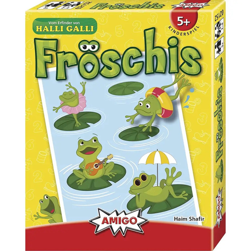 Spielschachtel von Fröschis mit Cartoon-Fröschen auf Seerosenblättern vor gelbem Hintergrund.