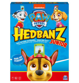 Paw Patrol Hedbanz Junior: Spielschachtel mit Comic-Hunden, die Stirnbänder und Karten auf dem Kopf tragen.