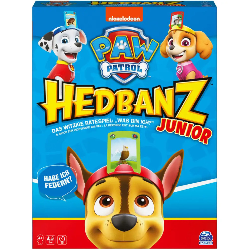 Paw Patrol Hedbanz Junior: Spielschachtel mit Comic-Hunden, die Stirnbänder und Karten auf dem Kopf tragen. Paw Patrol Hedbanz Junior: Spielschachtel mit Comic-Hunden, die Stirnbänder und Karten auf dem Kopf tragen.