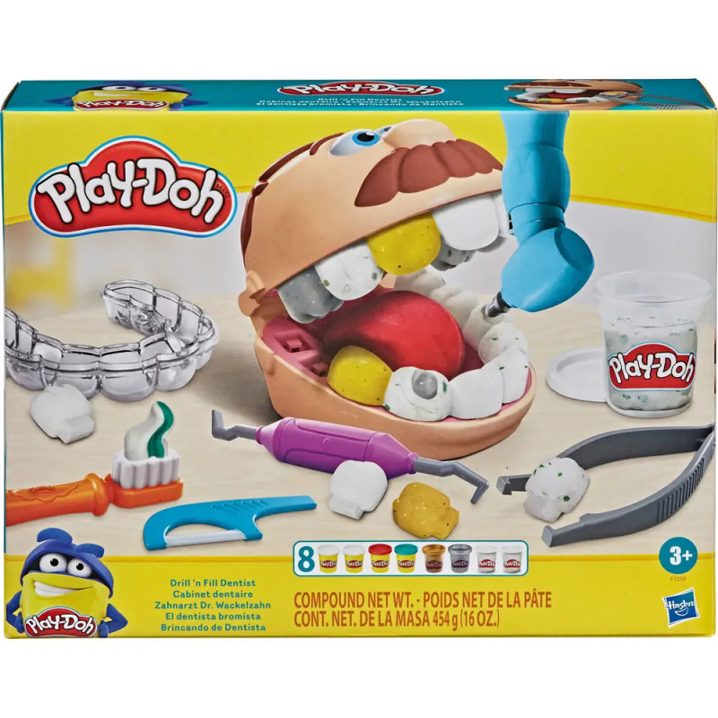 Play-Doh Zahnarzt-Spielset mit Dentalwerkzeugen, Zähnen und einem Play-Doh-Kopf mit geöffnetem Mund auf der Verpackung.