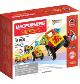 Rote Magformers Wow Plus Set-Box mit 18 magnetischen Bauteilen, Fahrzeugthema, ab 3 Jahren.