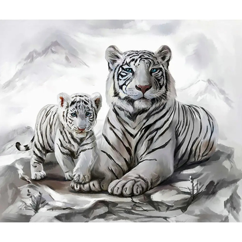 Diamond Painting Weiße Tigermama mit Jungtier 40x30 cm
