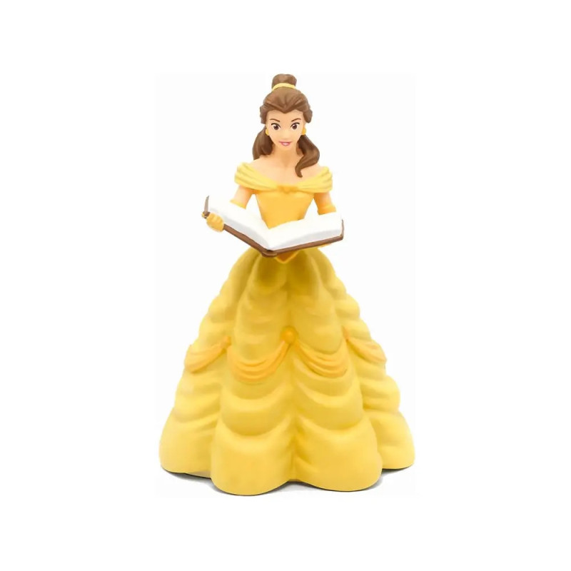 Figur einer Frau im gelben Kleid, die ein geöffnetes Buch hält und lächelt, inspiriert von einer Märchenfigur.