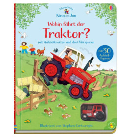 Ein roter Traktor fährt über ein Feld mit Tieren, Kindern und Bäumen deutscher Text auf dem Buchcover.
