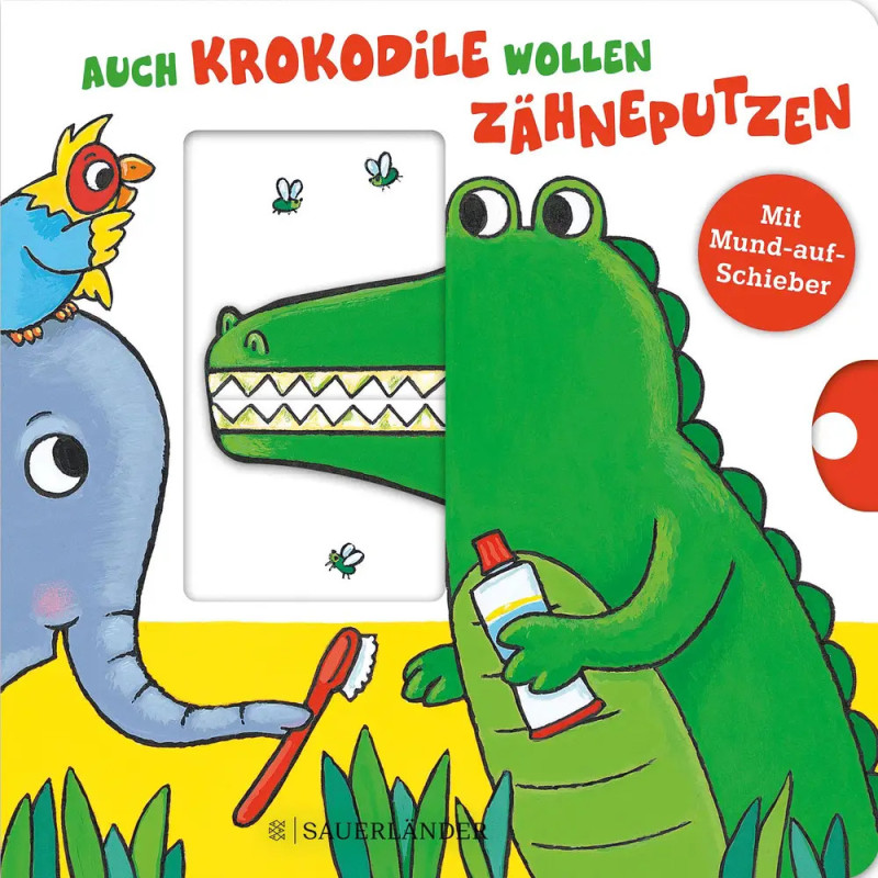 Illustration: Krokodil mit Zahnbürste und Zahnpasta, daneben ein Vogel und ein deutscher Text zum Zähneputzen.