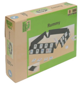 Spielschachtel von Rummy mit abgebildeten Spielsteinen und Ablagebänken auf der Vorderseite.