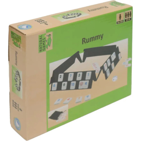 Spielschachtel von Rummy mit abgebildeten Spielsteinen und Ablagebänken auf der Vorderseite. Spielschachtel von Rummy mit abgebildeten Spielsteinen und Ablagebänken auf der Vorderseite.