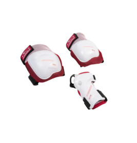 Drei rot-weiße Schutzausrüstungen für Knie, Ellbogen und Handgelenke zum Skaten oder Radfahren.