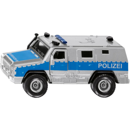 Silber-blaues Spielzeugmodell eines deutschen Polizei-Panzerwagens mit der Aufschrift POLIZEI an der Seite.