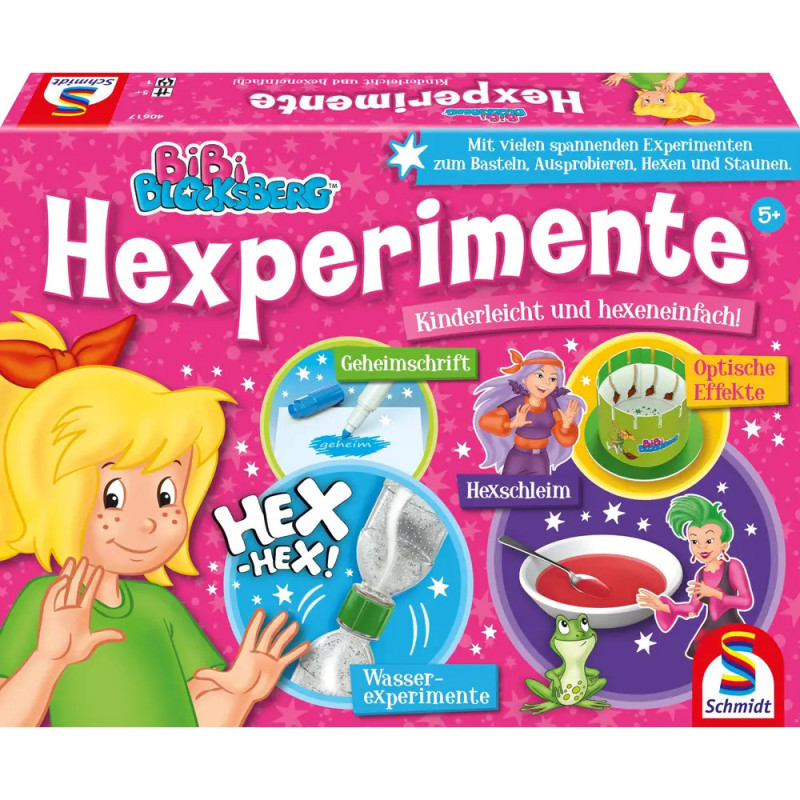 Bunte Hexperimente-Box mit Cartoon-Hexe Bibi Blocksberg und Abbildungen von Experimentieraktivitäten. Bunte Hexperimente-Box mit Cartoon-Hexe Bibi Blocksberg und Abbildungen von Experimentieraktivitäten.
