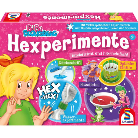 Bunte Hexperimente-Box mit Cartoon-Hexe Bibi Blocksberg und Abbildungen von Experimentieraktivitäten. Bunte Hexperimente-Box mit Cartoon-Hexe Bibi Blocksberg und Abbildungen von Experimentieraktivitäten.