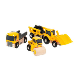 Drei gelbe Spielzeug-Baufahrzeuge (Kipper, Lader, Walze) auf weißem Hintergrund.
