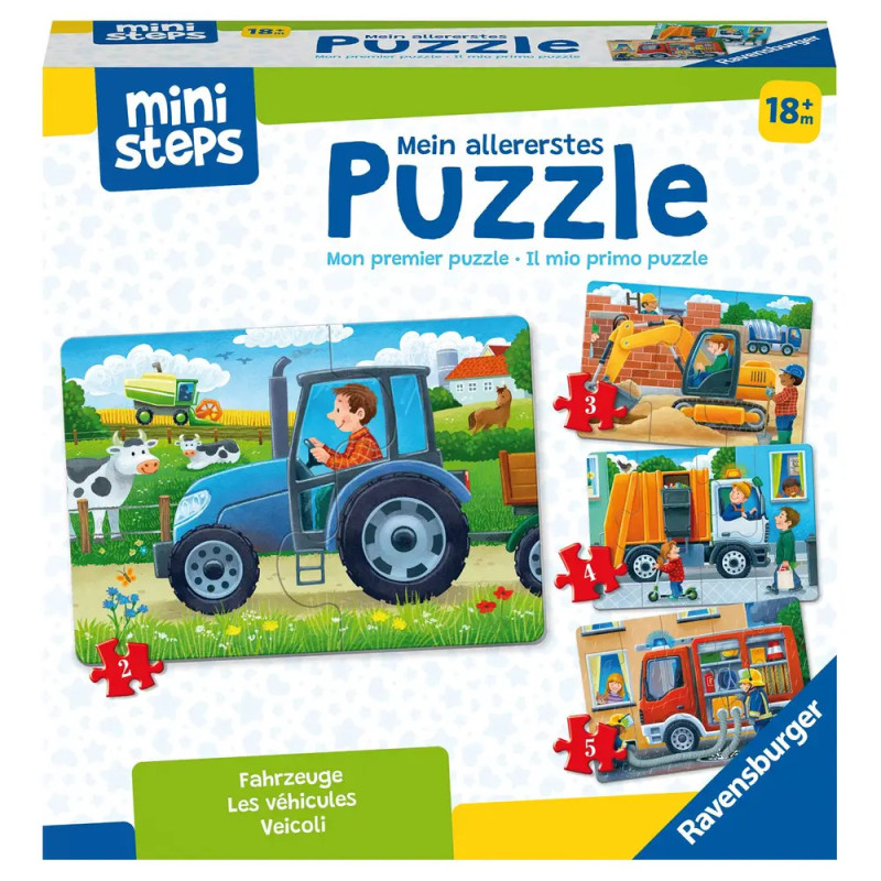 Ravensburger Fahrzeug-Puzzle ab 18 Monaten mit Motiven von Traktor, Feuerwehrwagen und Schulbus auf der Box.