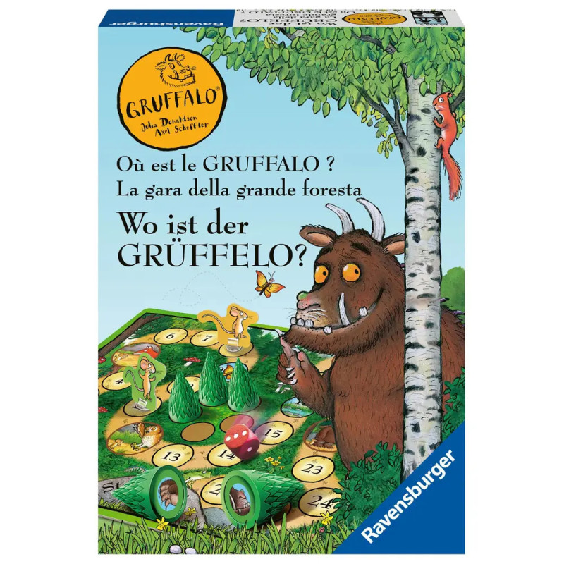 Spieleschachtel mit dem Grüffelo im Wald, Tieren und Spielfiguren, hergestellt von Ravensburger.