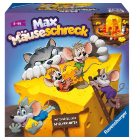 Vier Comic-Mäuse und eine Katze spielen mit Käse Brettspiel-Schachtel Max Mäuseschreck.