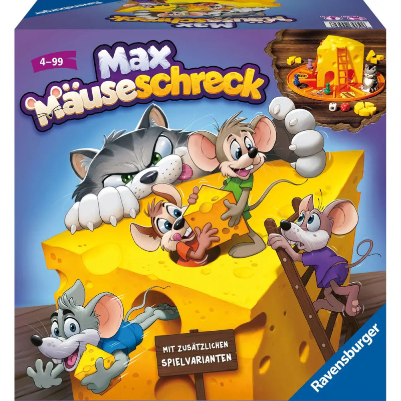 Vier Comic-Mäuse und eine Katze spielen mit Käse Brettspiel-Schachtel Max Mäuseschreck. Vier Comic-Mäuse und eine Katze spielen mit Käse Brettspiel-Schachtel Max Mäuseschreck.