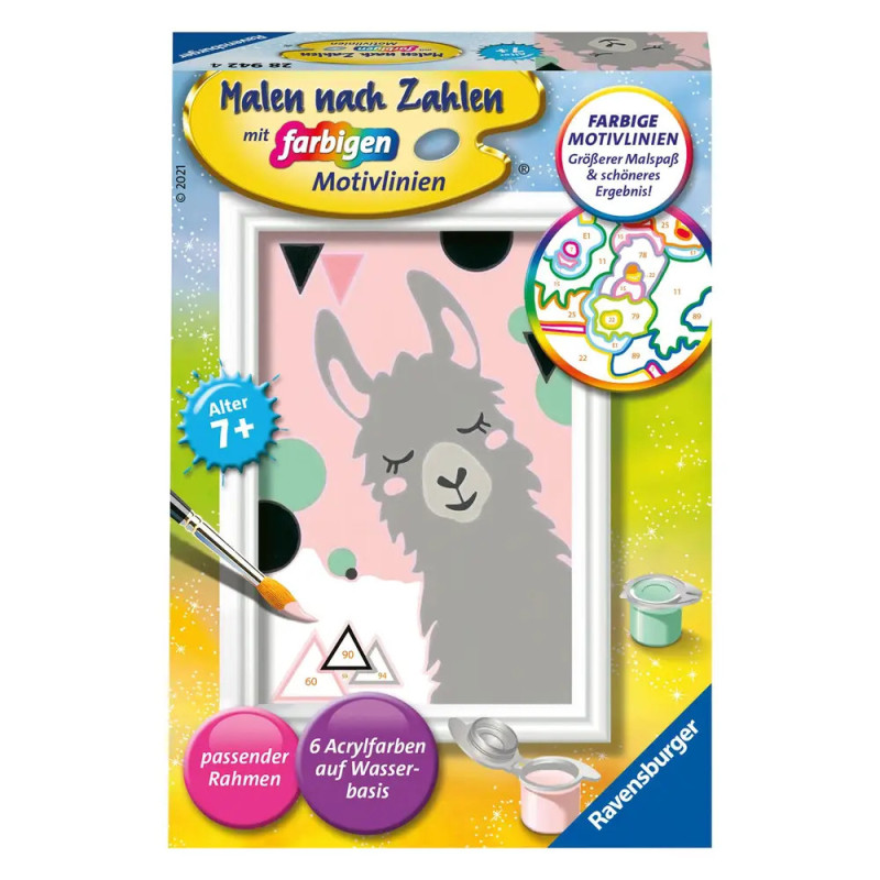 Ravensburger Malen nach Zahlen Glückliches Lama: Set mit Farben, Pinsel und Rahmen. Für Kinder ab 7 Jahren geeignet.