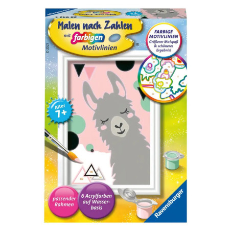 Ravensburger Malen nach Zahlen Glückliches Lama: Set mit Farben, Pinsel und Rahmen. Für Kinder ab 7 Jahren geeignet.