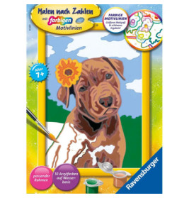 Malset für Kinder mit Zahlenfeldern, brauner Welpe, Sonnenblume, Pinsel und Farbtöpfen.