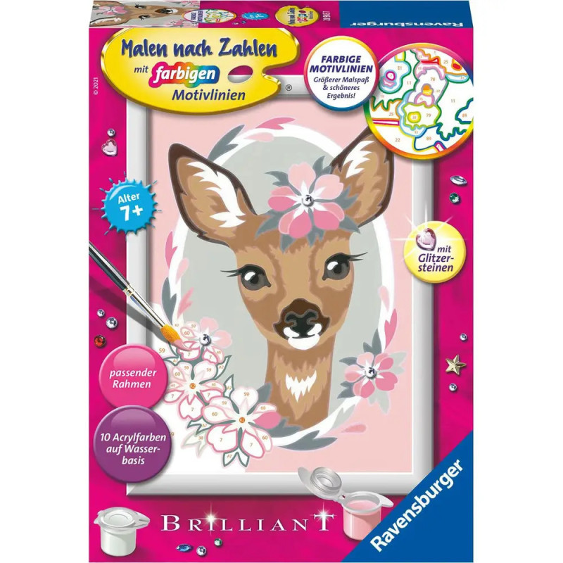 Malen-nach-Zahlen-Set mit Reh, Blumen und pinken Akzenten, ab 7 Jahren, Marke Ravensburger.