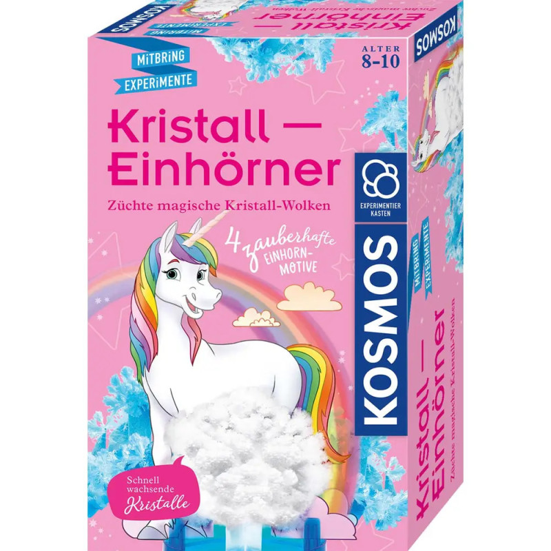 Box des Kristall-Einhörner-Sets mit Einhorn und bunten, magischen Wolkendesigns. Box des Kristall-Einhörner-Sets mit Einhorn und bunten, magischen Wolkendesigns.