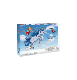 Kreul Window Color Glitzerwelt: Mädchen reitet blaues Einhorn mit Sternen auf der Verpackung.