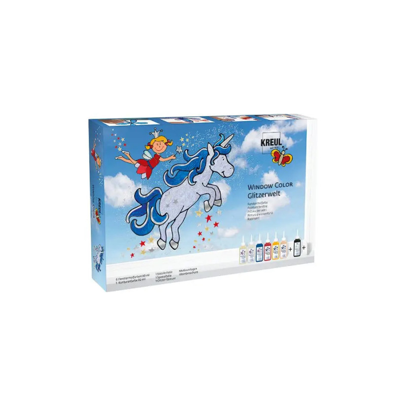 Kreul Window Color Glitzerwelt: Mädchen reitet blaues Einhorn mit Sternen auf der Verpackung. Kreul Window Color Glitzerwelt: Mädchen reitet blaues Einhorn mit Sternen auf der Verpackung.