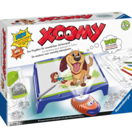 Xoomy-Box, Zeichenprojektor für Kinder, mit Comic-Hund und Mädchen auf der Verpackung.