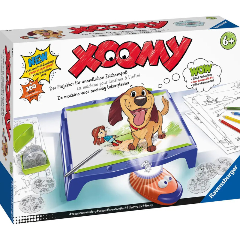 Xoomy-Box, Zeichenprojektor für Kinder, mit Comic-Hund und Mädchen auf der Verpackung. Xoomy-Box, Zeichenprojektor für Kinder, mit Comic-Hund und Mädchen auf der Verpackung.