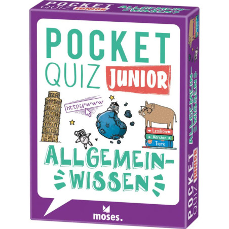 Bunte Box des Pocket Quiz Junior Allgemeinwissen von Moses mit spielerischen Illustrationen.