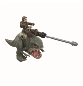 Spielfigur: Eine Person reitet auf einem grünen Dinosaurier mit einer großen Waffe auf dessen Rücken.