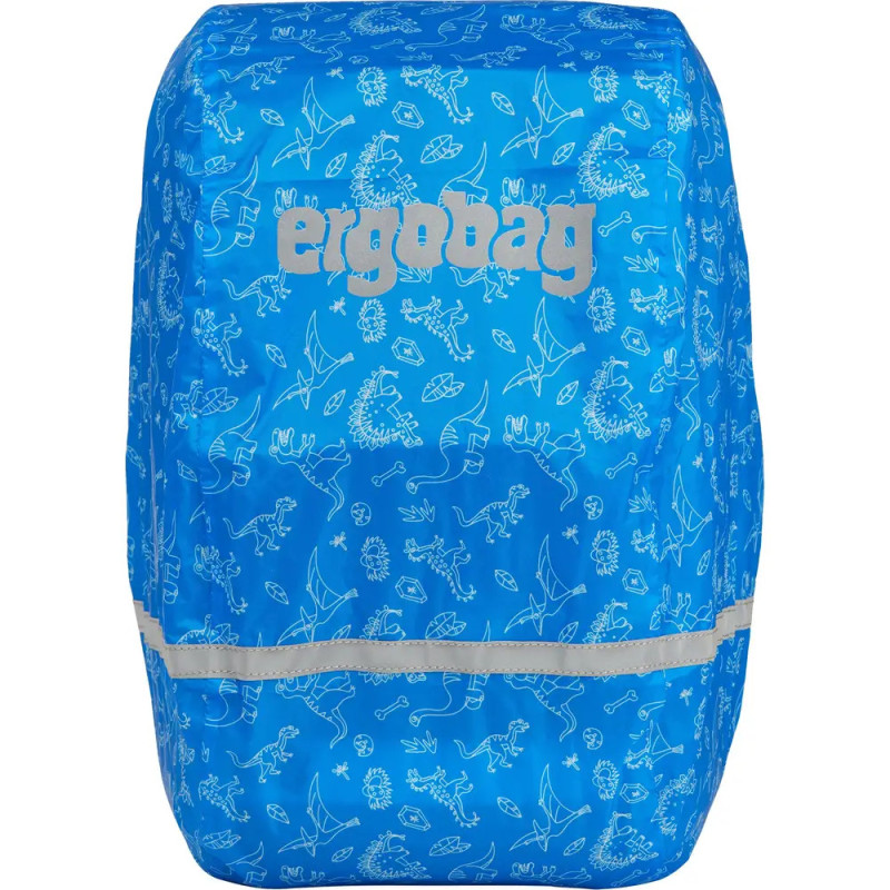 Helle blaue Rucksackhülle mit weißen Kritzelmotiven und grauem ergobag-Logo auf der Vorderseite.